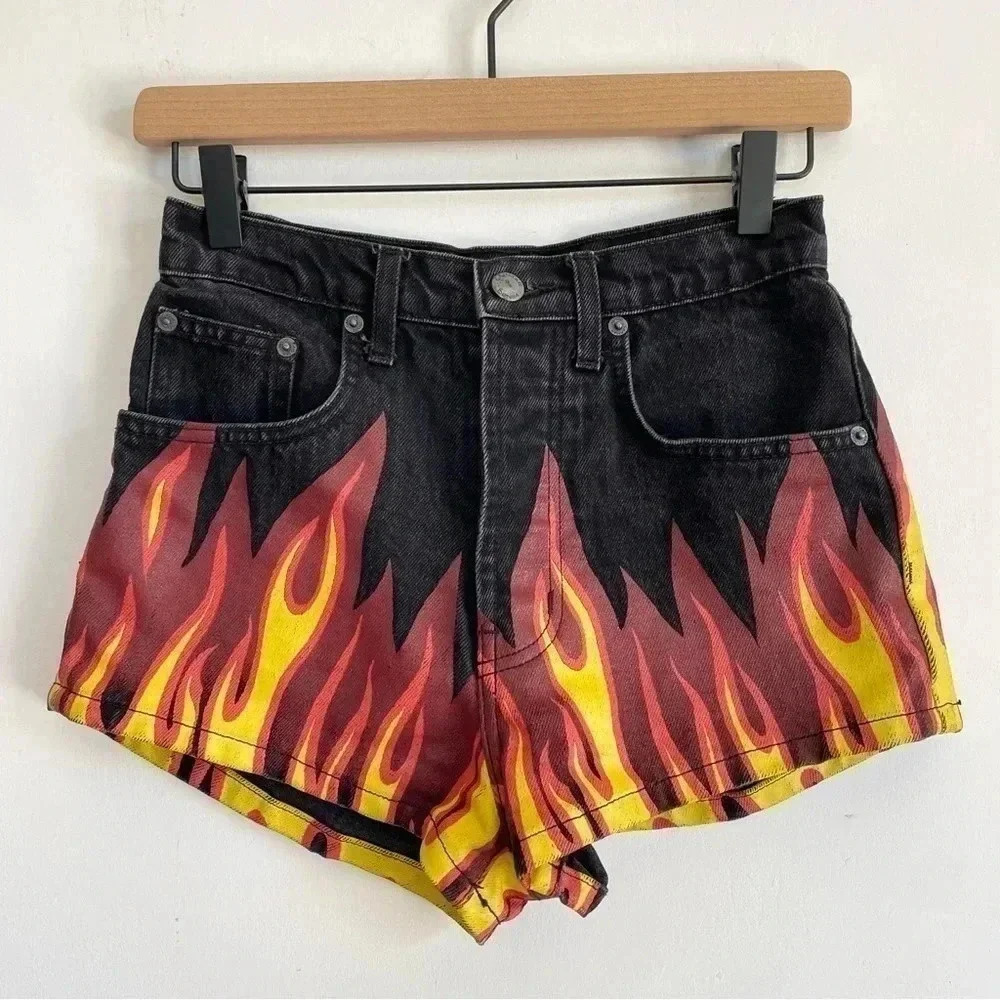 Carmar Flame Painted Black High Waisted Shorts Button Fly Festival Unique 23